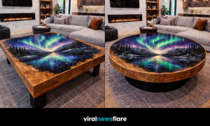 Statement Northern Lights resin coffee table featuring aurora borealis landscape in a luxury living room