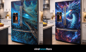 Mythical dragon fridge wrap transforming a modern kitchen into a fantasy statement space