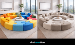 Stylish circular modular sofa forming a statement seating arrangement in a modern open-plan living room