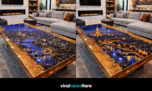 Luxury epoxy resin coffee tables featuring iconic city skylines in modern living spaces
