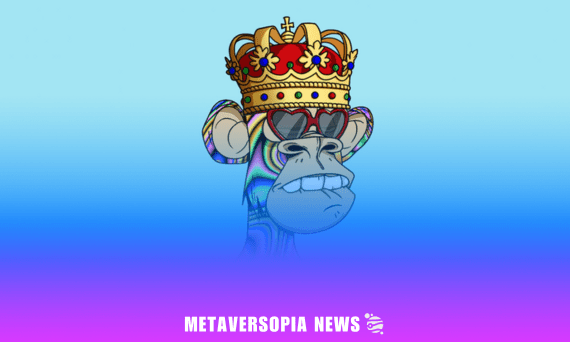 Illustrated NFT ape wearing a crown on a blue-to-purple gradient background representing Metaversopia Web3 news