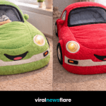 Collection of plush car-shaped kids sleeping bags in blue, yellow, green, and red