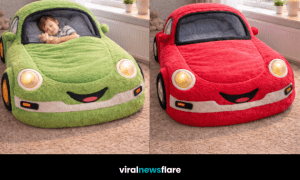 Collection of plush car-shaped kids sleeping bags in blue, yellow, green, and red