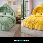 Plush hoodie beds in green, pink, blue, and yellow creating a comfort-first sleep cocoon