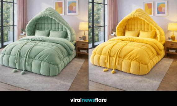 Plush hoodie beds in green, pink, blue, and yellow creating a comfort-first sleep cocoon