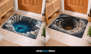 Collection of 3D illusion floor mats creating realistic depth effects in stylish home entryways