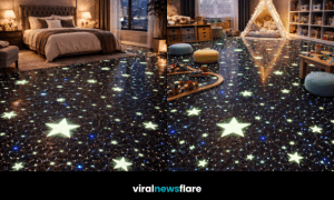 Glow-in-the-dark starry epoxy floor creating a cosmic, galaxy-inspired effect in a stylish modern interior.