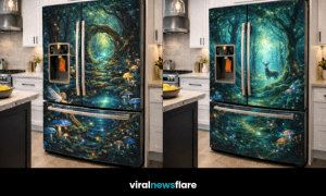 Enchanted forest fridge wrap transforming a modern kitchen into a magical woodland space