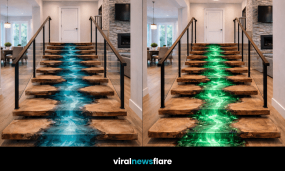 Luxury modern staircase featuring live-edge wood and glowing epoxy river design