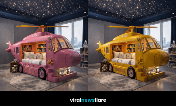 Luxury rescue helicopter beds in modern children’s bedrooms with starry ceilings