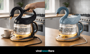 Sculptural swan electric kettle with illuminated glass base in a modern kitchen