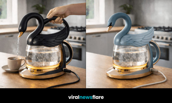 Sculptural swan electric kettle with illuminated glass base in a modern kitchen