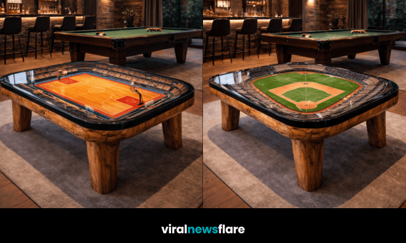 Collection of stadium-inspired coffee tables featuring football, basketball, golf, and baseball designs