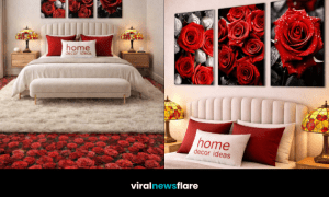 Luxury bedroom design featuring red rose wall art, floral floor, and warm bedside lighting