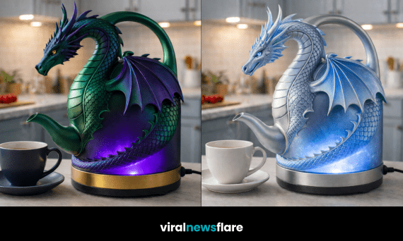 Collection of dragon shaped electric kettles in purple, blue, green, and red with glowing LED bases