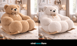 Collection of oversized teddy bear rocking chairs in neutral colours styled in a children’s bedroom