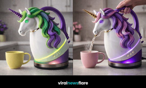 Tag: Collection of unicorn-shaped electric kettles in pastel and rainbow designs