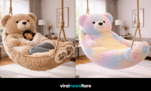 Giant teddy bear swing chair hanging in stylish modern home interior