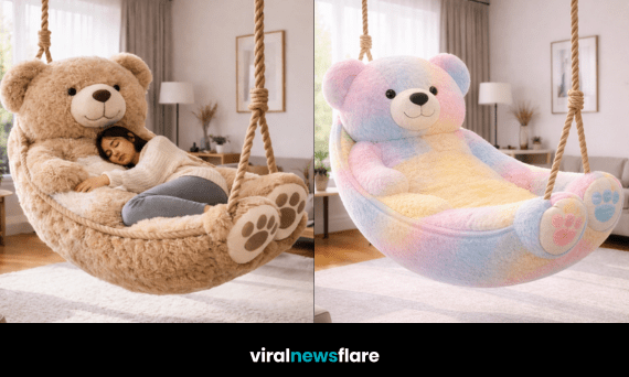 Giant teddy bear swing chair hanging in stylish modern home interior