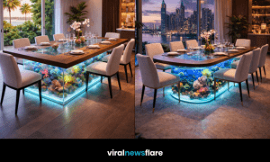 Luxury aquarium dining table with illuminated coral base creating an immersive underwater dining experience