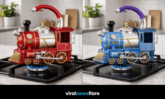 Collection of colourful train-shaped electric kettles styled in a modern kitchen