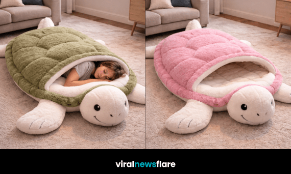 Colourful turtle sleeping bags in pink, green, purple and blue displayed in cosy living room
