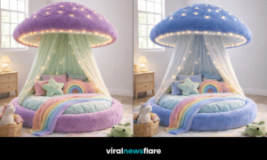 Fantasy mushroom-shaped bed with fairy lights creating a magical children’s bedroom