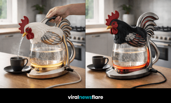 Decorative rooster shaped electric kettle with LED lighting on modern kitchen worktop