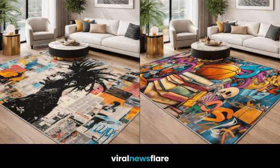 Bold graffiti art rug adding colour and personality to modern living room