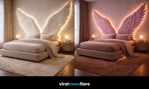 Elegant angel wing headboards featuring sculpted feathers and ambient LED lighting