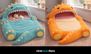 Colourful giant dinosaur sleeping bags in turquoise, orange, green and purple for children