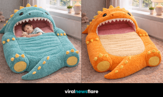 Colourful giant dinosaur sleeping bags in turquoise, orange, green and purple for children