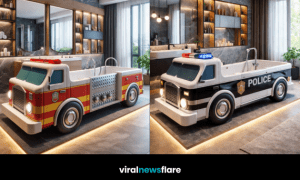 Collection of police, ambulance, fire engine and RNLI emergency vehicle bathtubs in modern bathrooms