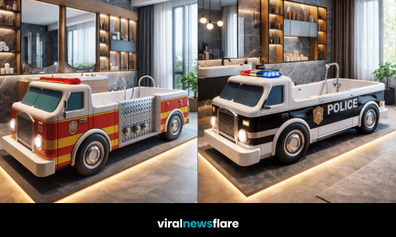 Collection of police, ambulance, fire engine and RNLI emergency vehicle bathtubs in modern bathrooms