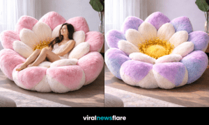 Oversized plush flower petal chair creating a bold statement seating feature