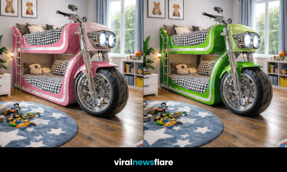 Colourful motorcycle bunk beds designed as realistic double bunks for children’s bedrooms