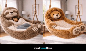 Collection of oversized plush animal hanging chairs in modern home interiors