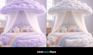 Dreamy cloud canopy bed with rainbow bedding and soft pastel décor