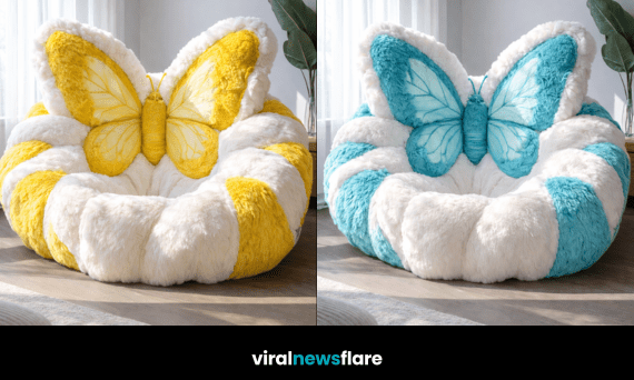 Collection of oversized plush butterfly lounge chairs in purple, yellow, turquoise and pink