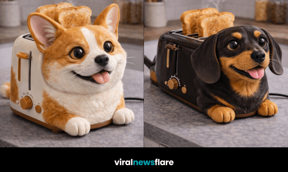 Collection of dog-shaped toasters featuring corgi, bulldog and dachshund designs
