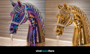 Collection of luxury horse head faucets in iridescent, rose gold, black, and gold finishes