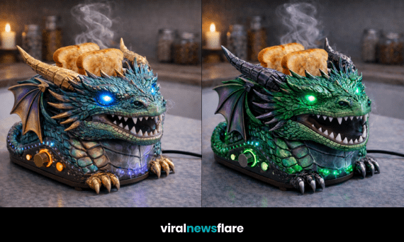 Collection of fantasy dragon toasters with LED lighting and toasted bread