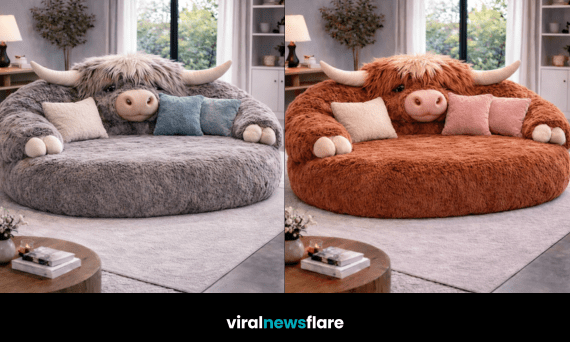 Oversized highland cow plush sofa in luxury living room setting