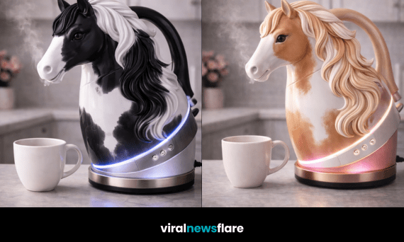 Luxury horse-shaped LED electric kettle with sculpted mane and illuminated base on kitchen countertop