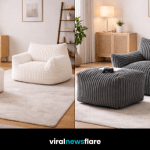 Modern plush corduroy lounge chair seating set with ottoman in grey and white colour options