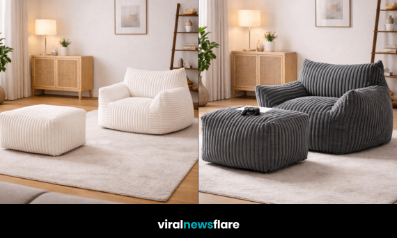 Modern plush corduroy lounge chair seating set with ottoman in grey and white colour options