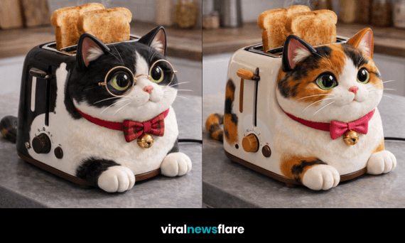 Collection of cute cat-shaped toasters popping up toast in modern kitchens