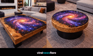 Luxury galaxy resin coffee table with vibrant space design and natural wood frame