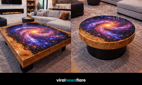 Luxury galaxy resin coffee table with vibrant space design and natural wood frame