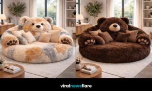 Giant teddy bear plush sofa creating a cosy statement centrepiece in a modern living room